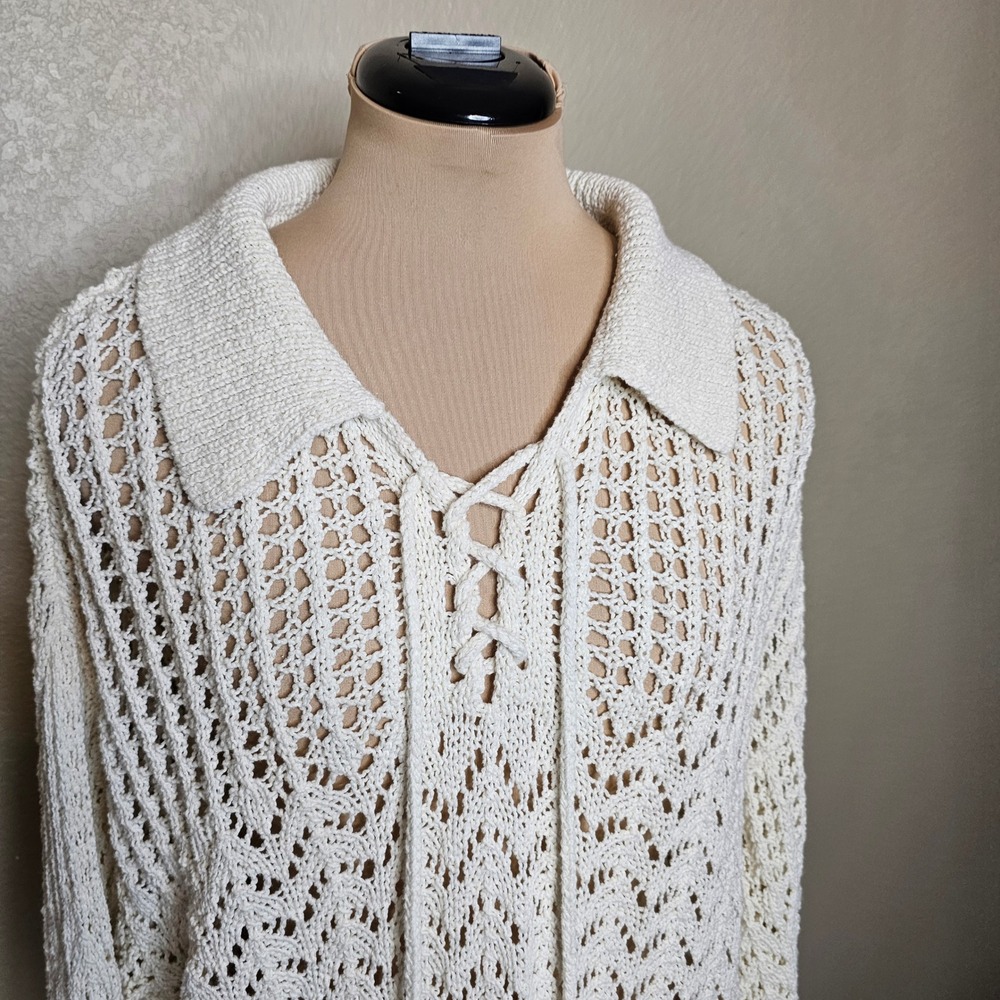 American Eagle Cream Crochet Knit Lace Up Tassel Polo Sweater Medium Ivory Boho - Picture 3 of 10
